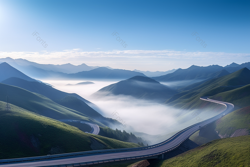 马路环绕山脉蓝色的天空云雾自然景观旅行活动实拍摄影图,高清,摄影图,摄影图片,图片大全,摄影图免费下载